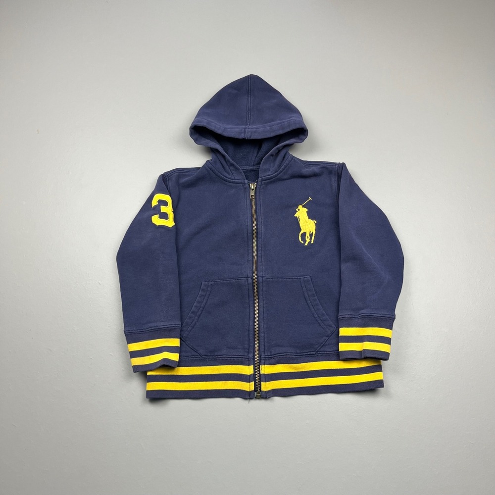 Vintage Polo Ralph Lauren Hoodie Kids 6 Navy Big Pony Full Zip Striped Trim
